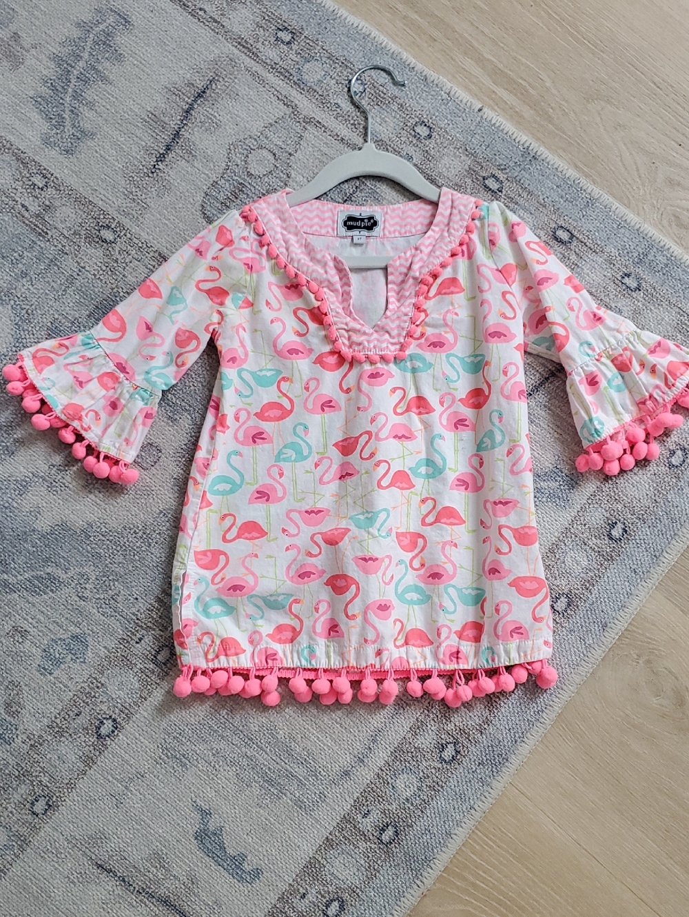 Mud Pie Toddler Girls Flamingo Swim Cover-up Tunic Dress Pom Pom Sz3T